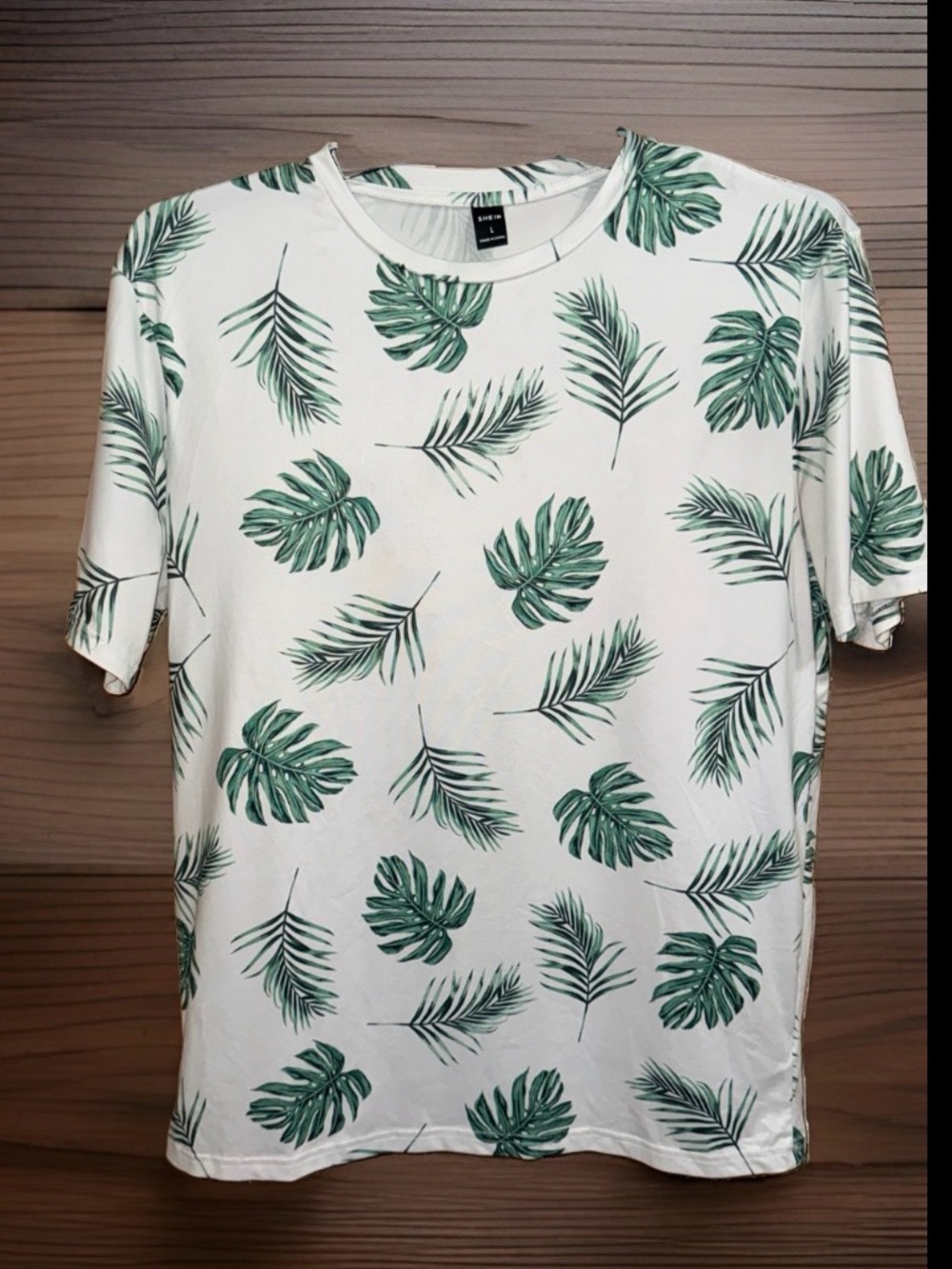 SHEIN White Tee with Green Tropical Leaf Print